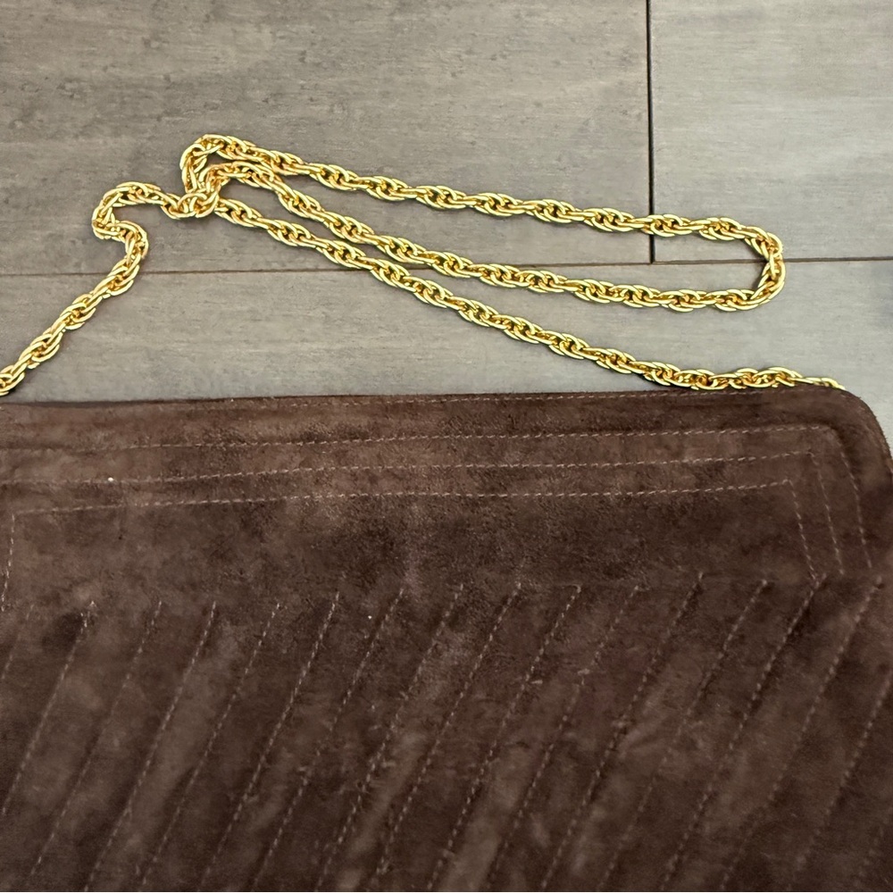 1960 1970 Vintage Brown Suede Pleated Fabric Clutch Handbag Gold Chain Purse - Picture 6 of 12